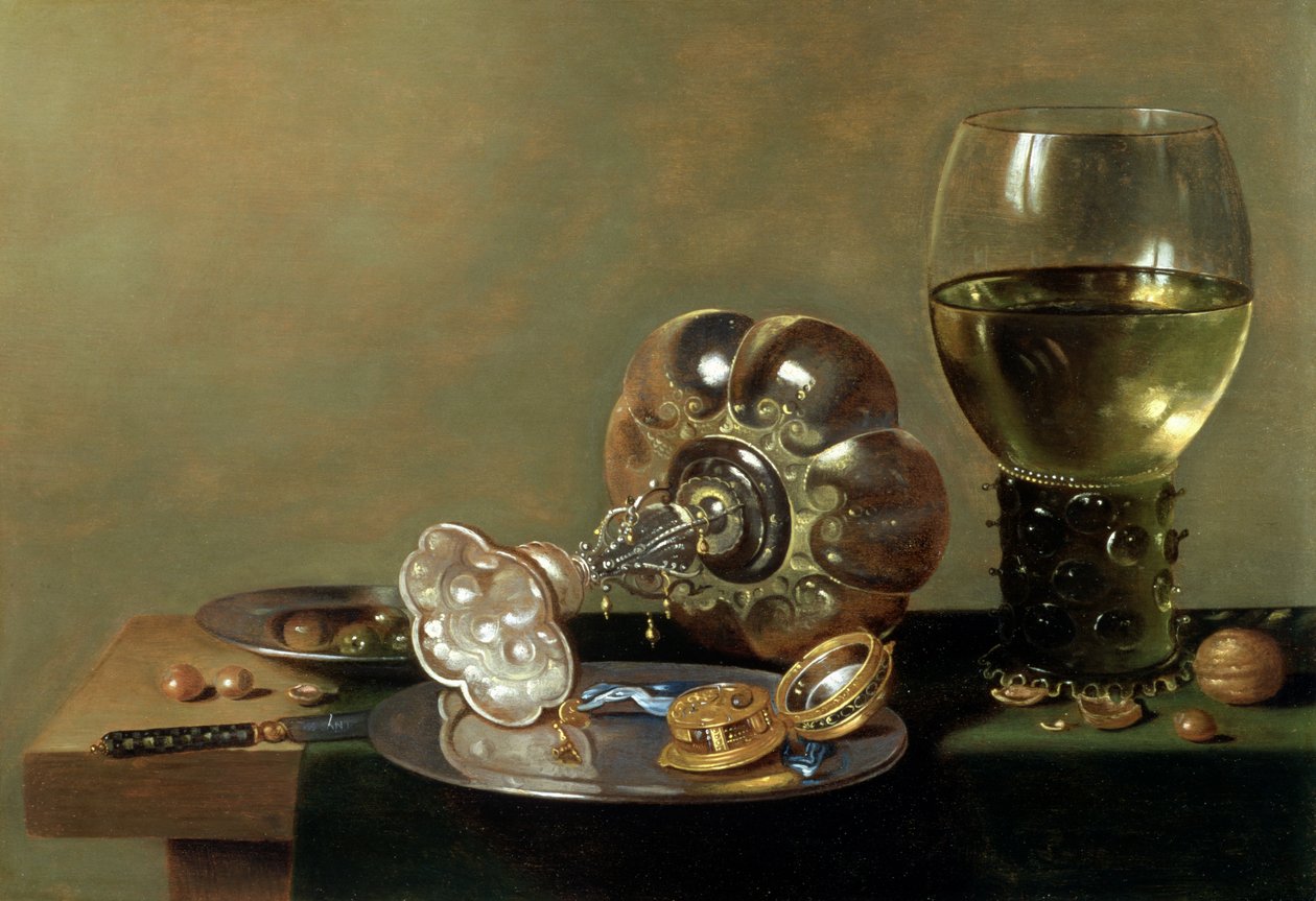 Et stilleben med et glass vin, tazza og en tinntallerken av Hans van Sant