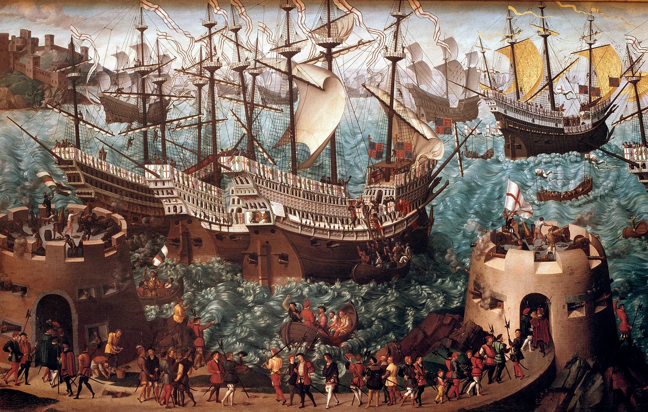 Ombordstigning av Henrik VIII (1491-1547) ved Dover på galionen Henri Grace a Dieu” i anledning handelen signert med Francois I (Camp du Drap d