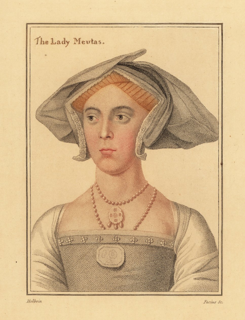 Joan, Lady Meutas, dame som venter på Jane Seymour. ,1812 (gravering) av Hans (after) Holbein the Younger