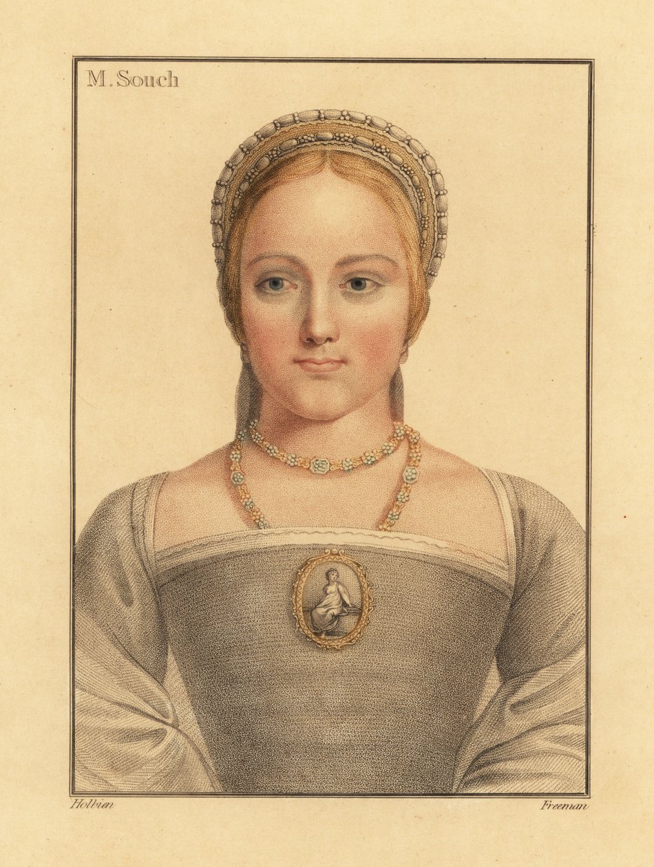 Mary Zouch, dame som venter på Jane Seymour., 1812 (gravering) av Hans (after) Holbein the Younger