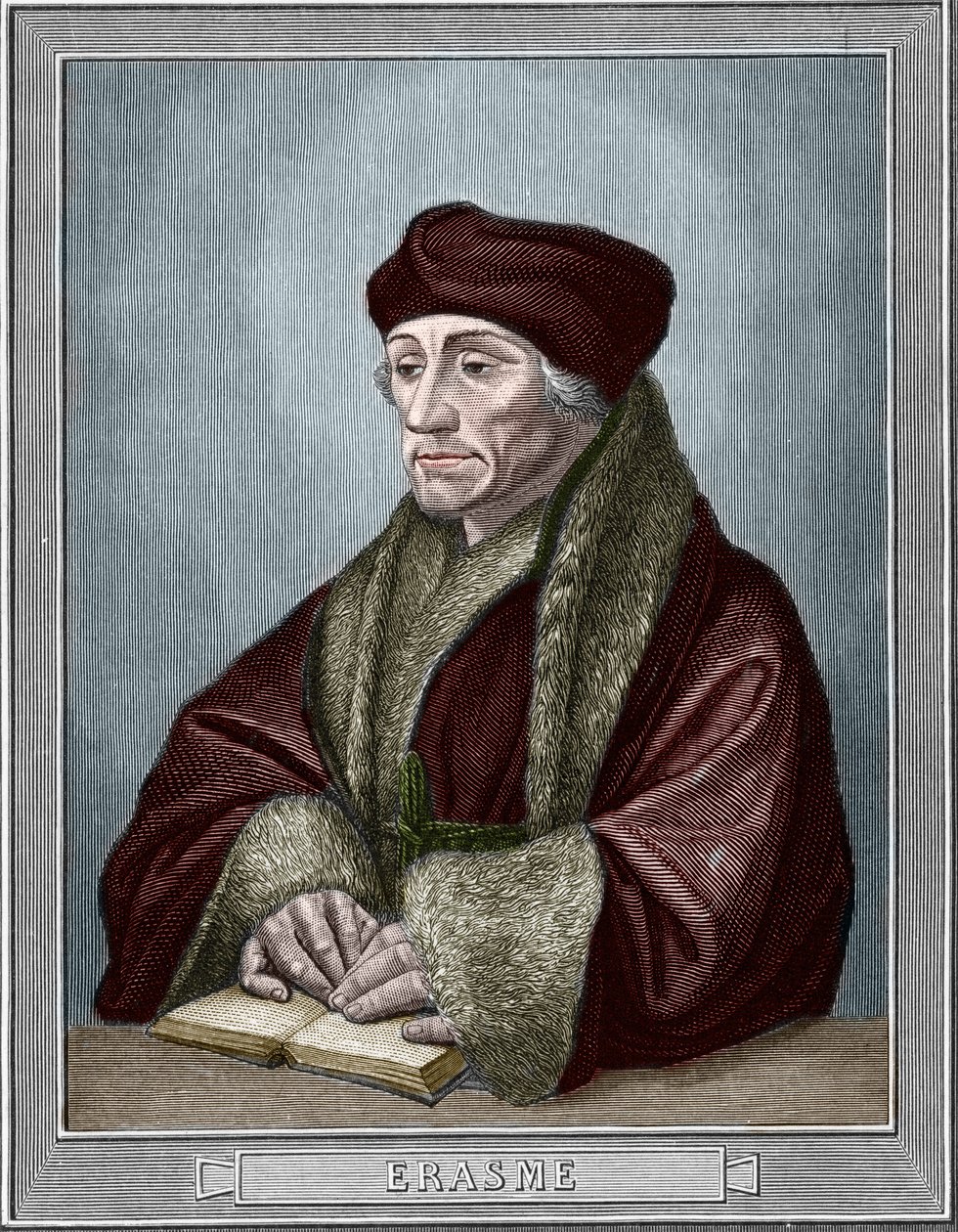 Portrett av Didier Erasme (Erasmus av Rotterdam) (1469 - 1536), nederlandsk humanist. Gravering etter originalen av Holbein Hans den unge (1497-1543). Gravering av 1859 i "" galleriene i Europa - Italia "" av armengaud. Privat samling. av Hans (after) Holbein the Younger