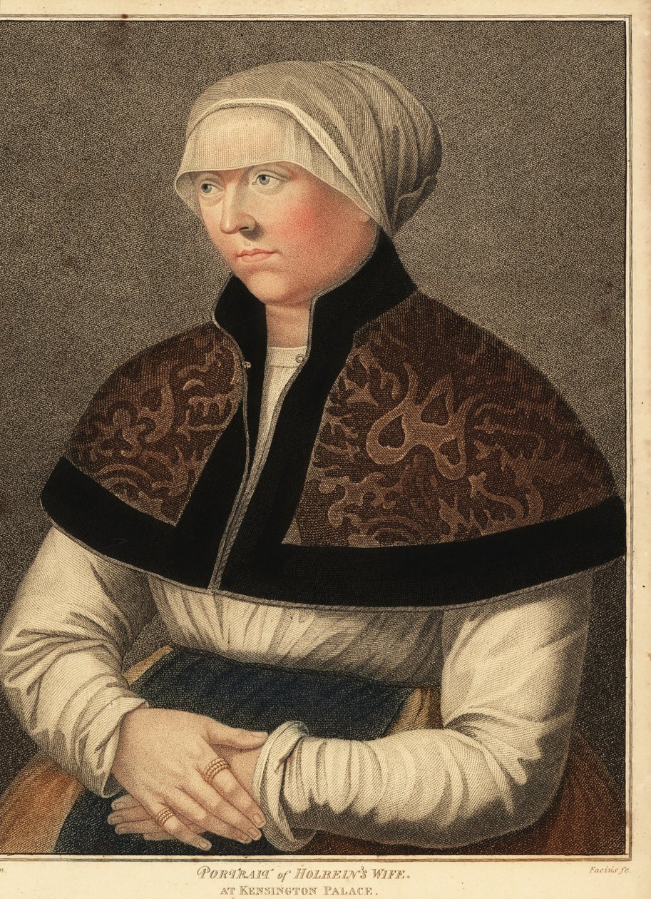 Portrett av Hans Holbeins kone Elsbeth ved Kensington Palace. ,1812 (gravering) av Hans (after) Holbein the Younger
