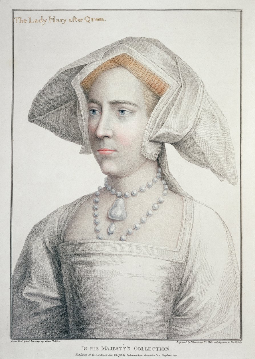 Portrett av Lady Mary etter dronning (1516-58) gravert av Francesco Bartolozzi (1727-1815) 1796 (gravering) av Hans (after) Holbein the Younger