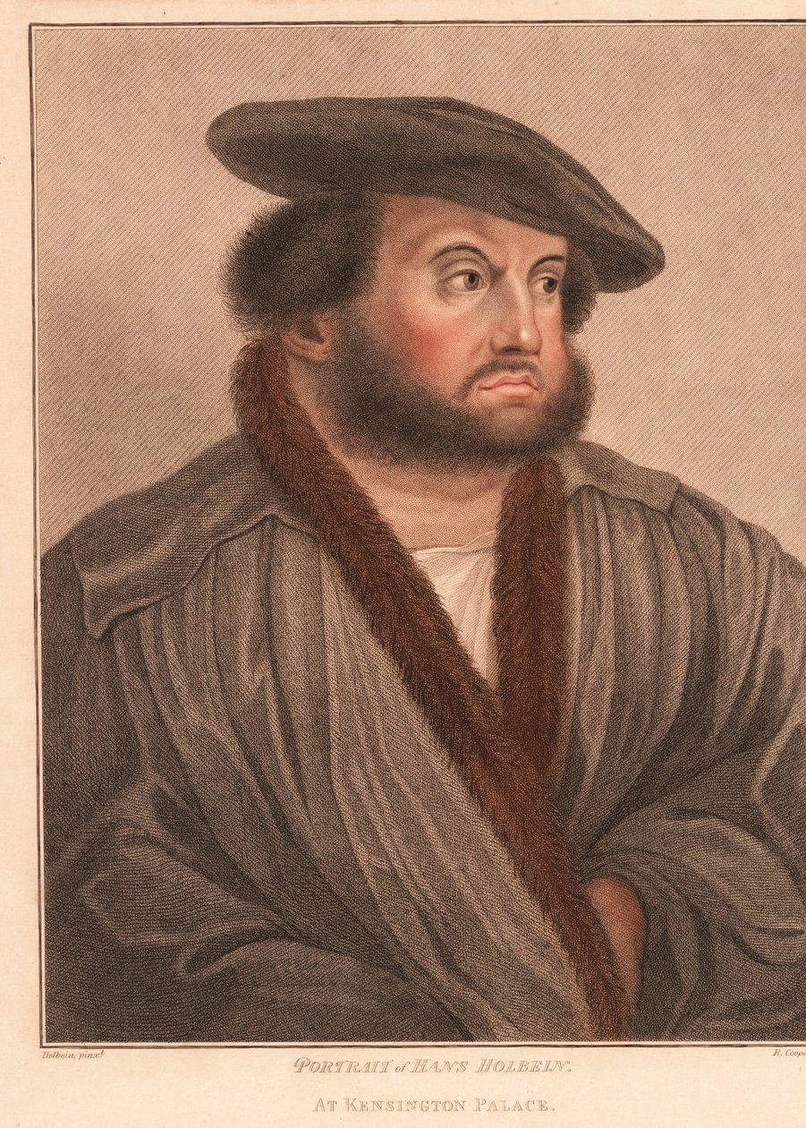 Selvportrett av kunstneren Hans Holbein ved Kensington Palace. ,1812 (gravering) av Hans (after) Holbein the Younger