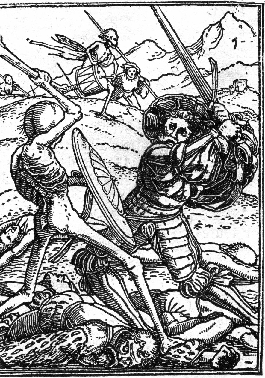 Den falske døden til Hans Holbein den unge (1497-1543): soldaten. En soldat kjemper mot døden; ved føttene deres ligger likene til andre krigere. Gravering. av Hans (after) Holbein the Younger