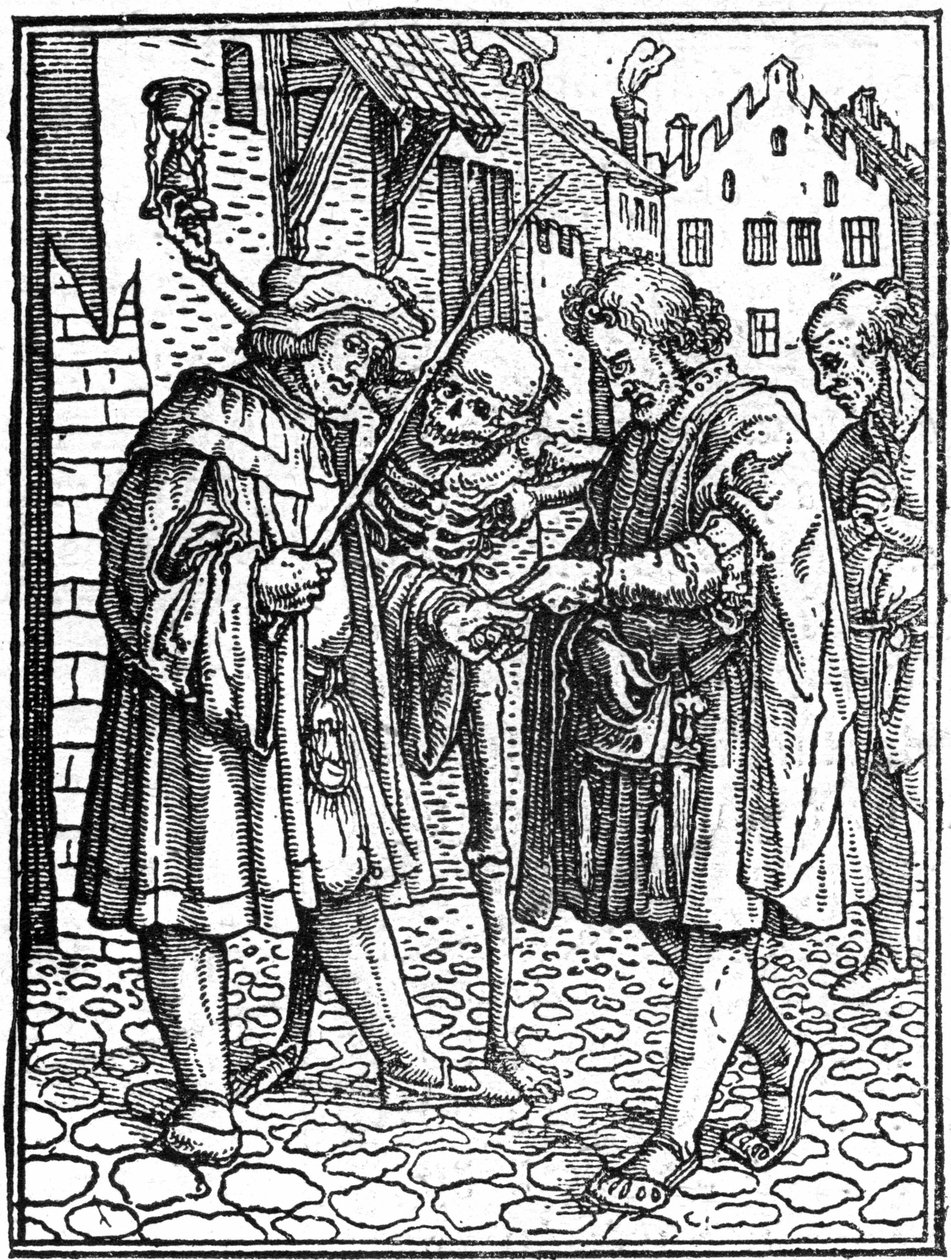 Den falske døden til Hans Holbein den yngre (1497-1543): advokaten (gravering) av Hans (after) Holbein the Younger