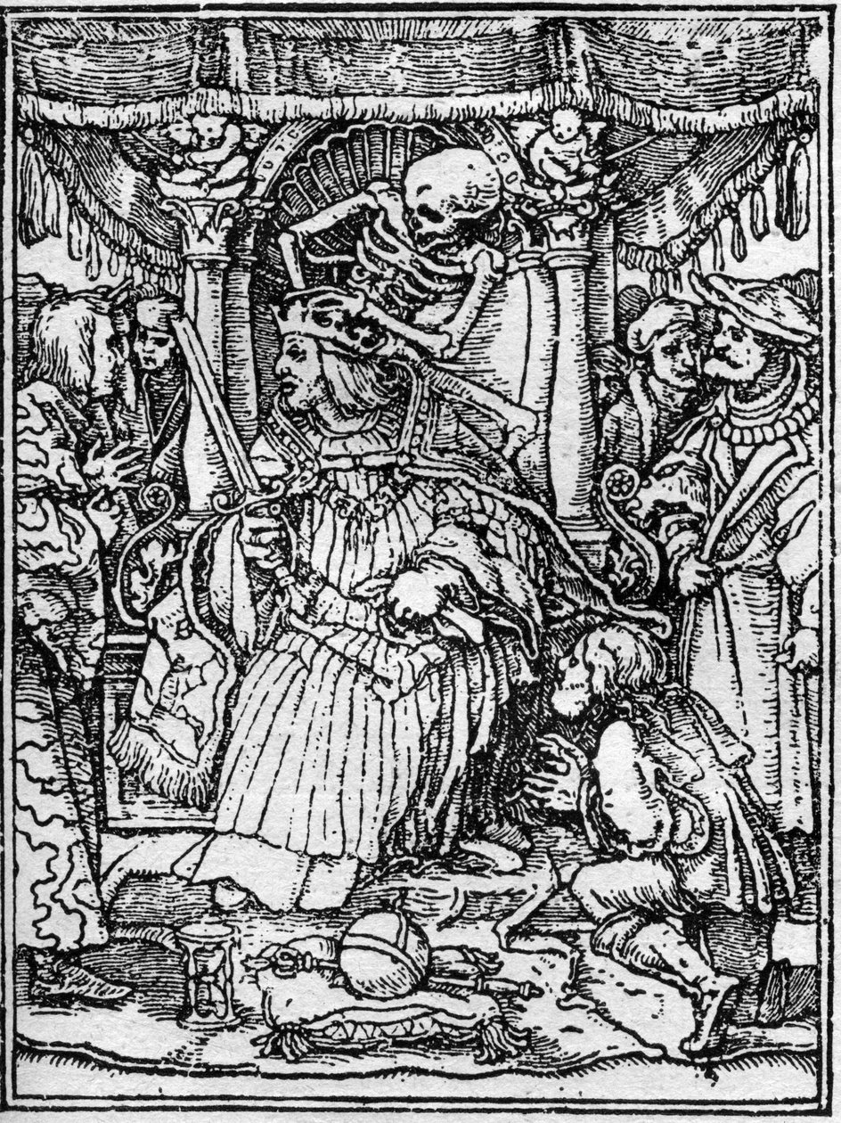 Simuleringene av døden til Hans Holbein den unge (1497-1543): keiseren. Mens Døden tar bort keiserens krone, ber en bonde ham om rettferdighet. Gravering. av Hans (after) Holbein the Younger