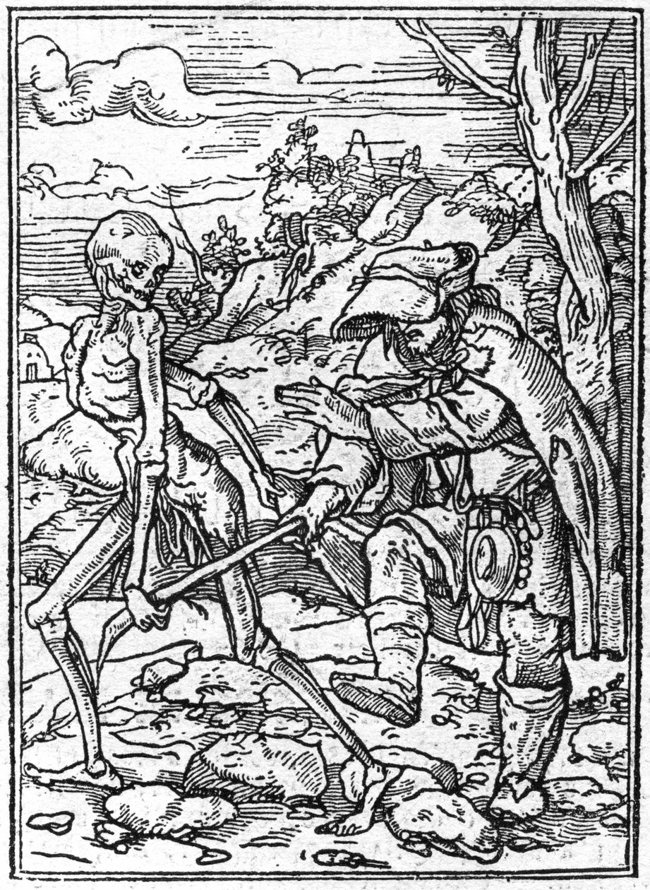 Simuleringene av døden til Hans Holbein den yngre (1497-1543): de blinde. Døden griper stokken til den blinde og fungerer som en guide. Gravering. av Hans (after) Holbein the Younger