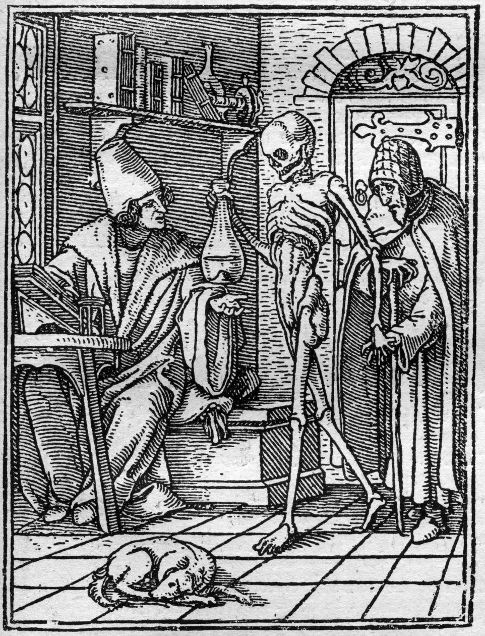 Simuleringene av døden til Hans Holbein den yngre (1497-1543): legen. Døden kommer mellom legen og pasienten hans. Gravering. av Hans (after) Holbein the Younger