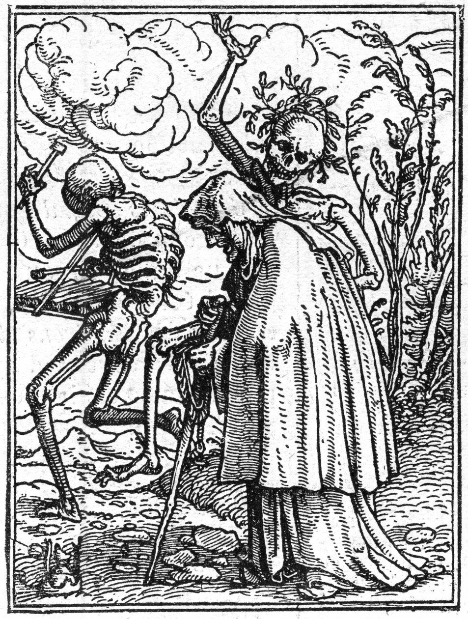The simulacons of the death of Hans Holbein the Younger (1497-1543): the old. Death accompanies an old lady to her destiny. Engraving. av Hans (after) Holbein the Younger