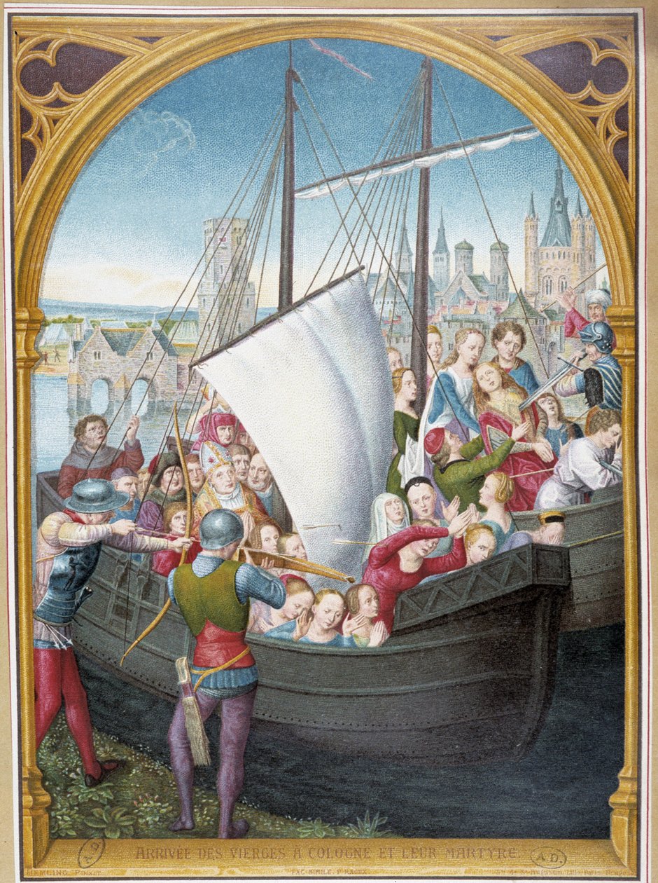 Landgang av jomfruer i Köln og deres martyrium, fra ca. sjakk fra Saint Ursula, Brugge, av Memling av Hans (after) Memling