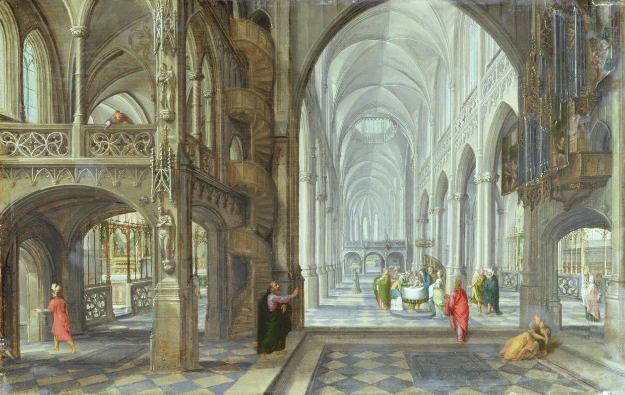 Interiøret til en gotisk kirke med Kristi omskjæring som finner sted i hovedgangen, ca. 1600 (olje på lerret) av Hans (after) Vredeman de Vries