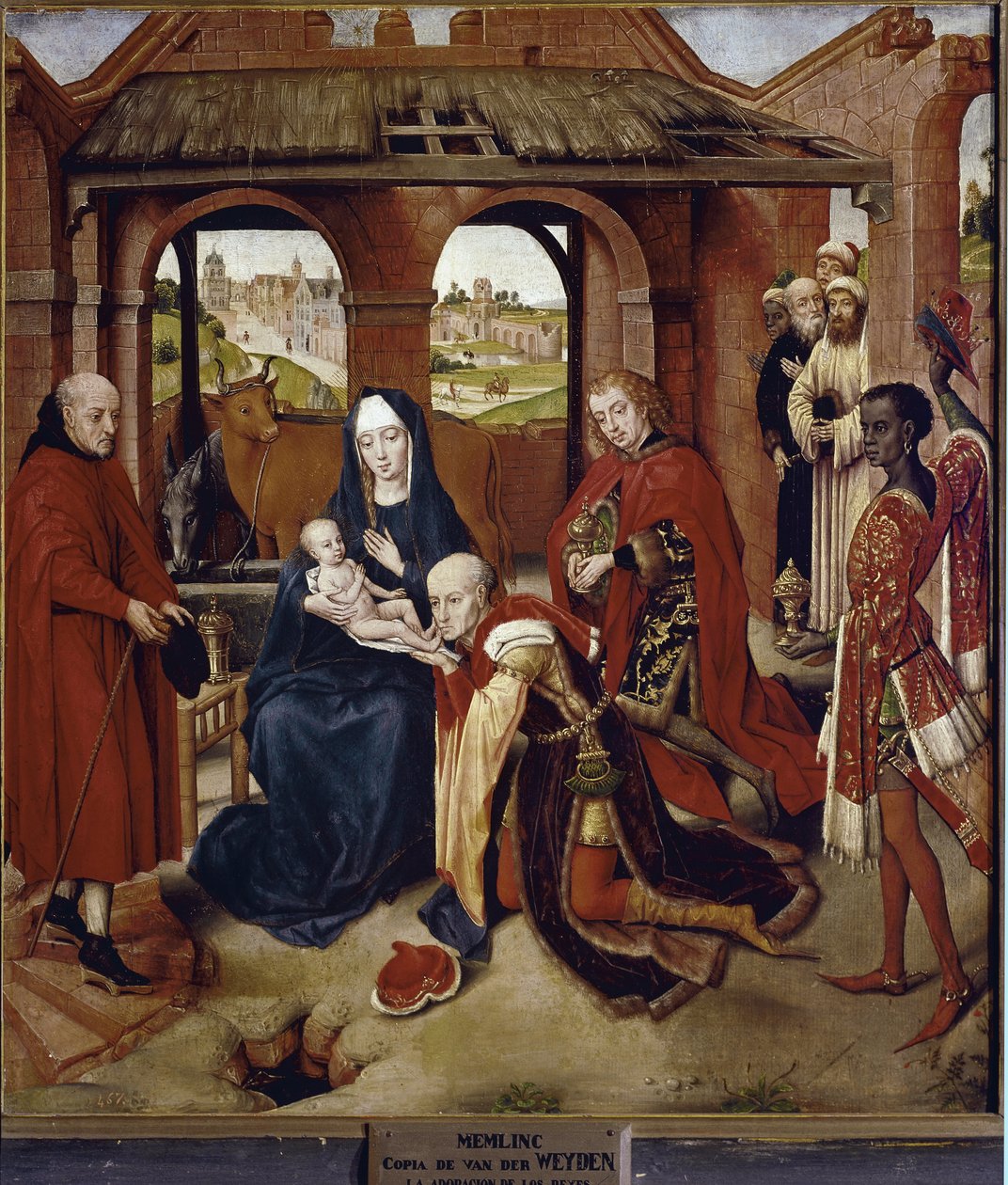 Tilbedelse av magi, sentralpanel av Polyptych of Loo (olje på tre av Hans (attr.to) Memling