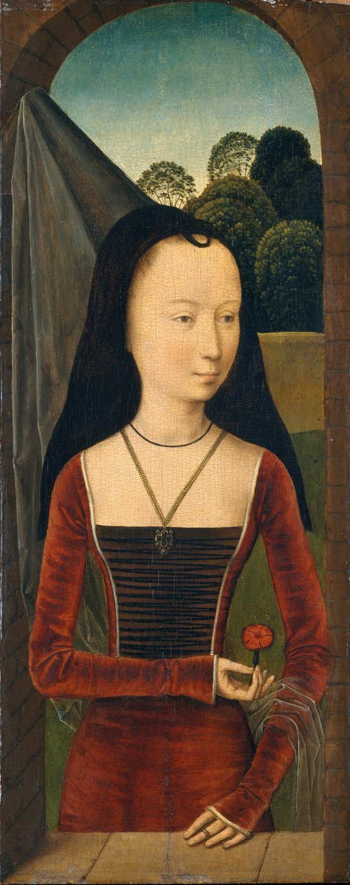 Ung kvinne med en rosa, ca. 1485-90 (olje på tre) av Hans (attr.to) Memling