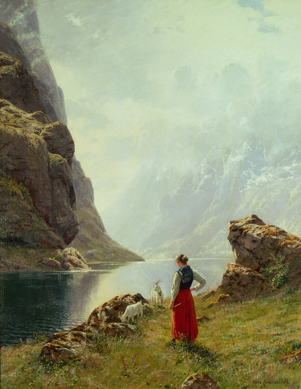 En jente med geiter ved en fjord (olje på lerret) av Hans Andreas Dahl
