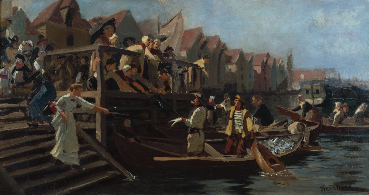 Budgivning på Fisketorget, Bergens triangel (olje på lerret) av Hans Andreas Dahl