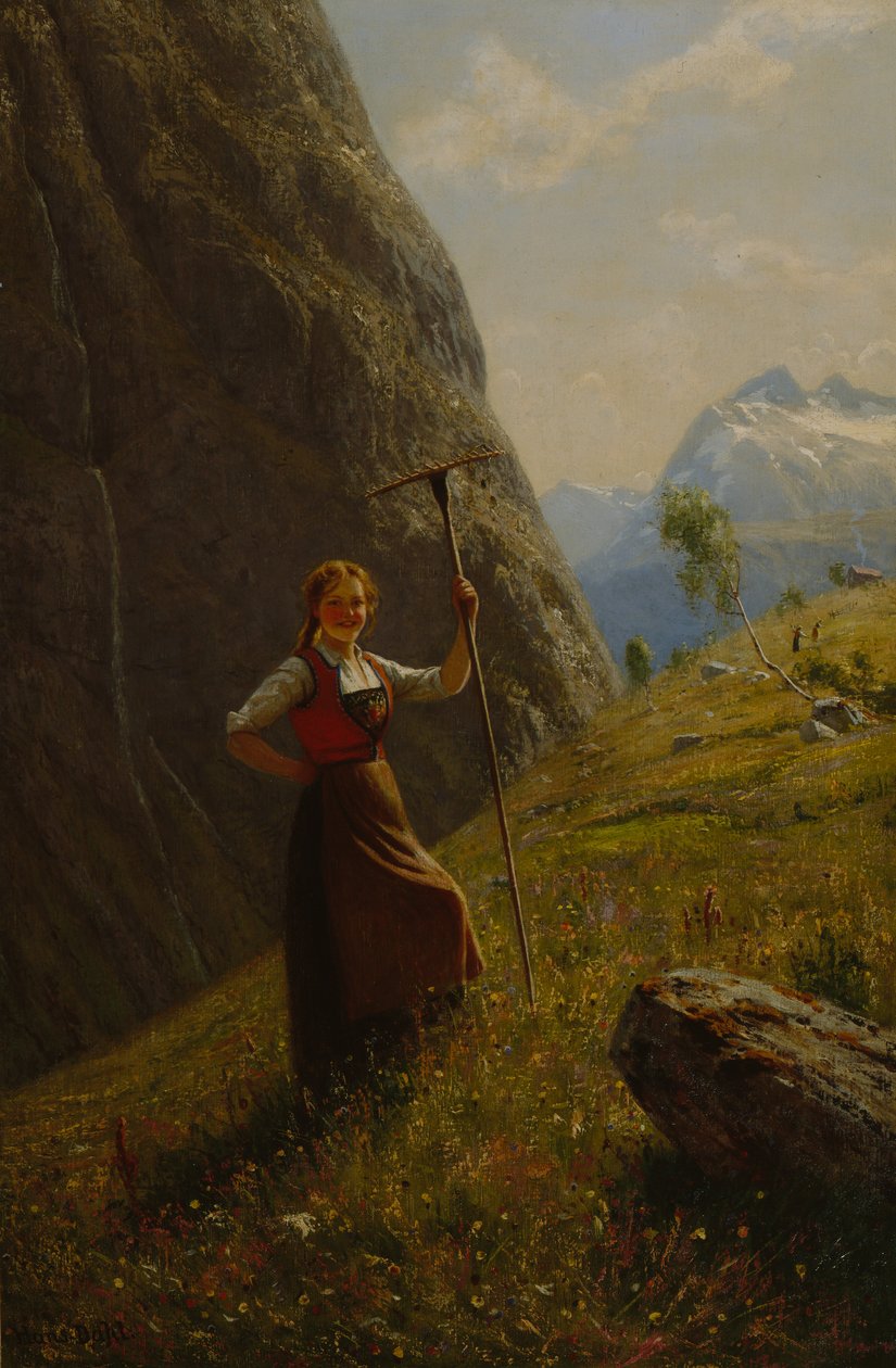 Meieripike med rake (olje på lerret) av Hans Andreas Dahl