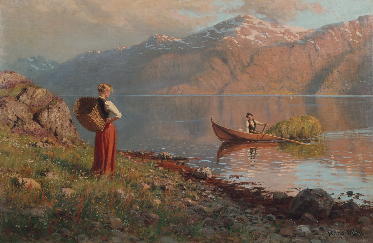 Date ved fjorden (olje på lerret) av Hans Andreas Dahl