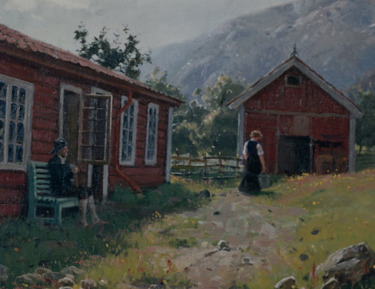 Gårdstun, Vestlandet (olje på lerret) av Hans Andreas Dahl