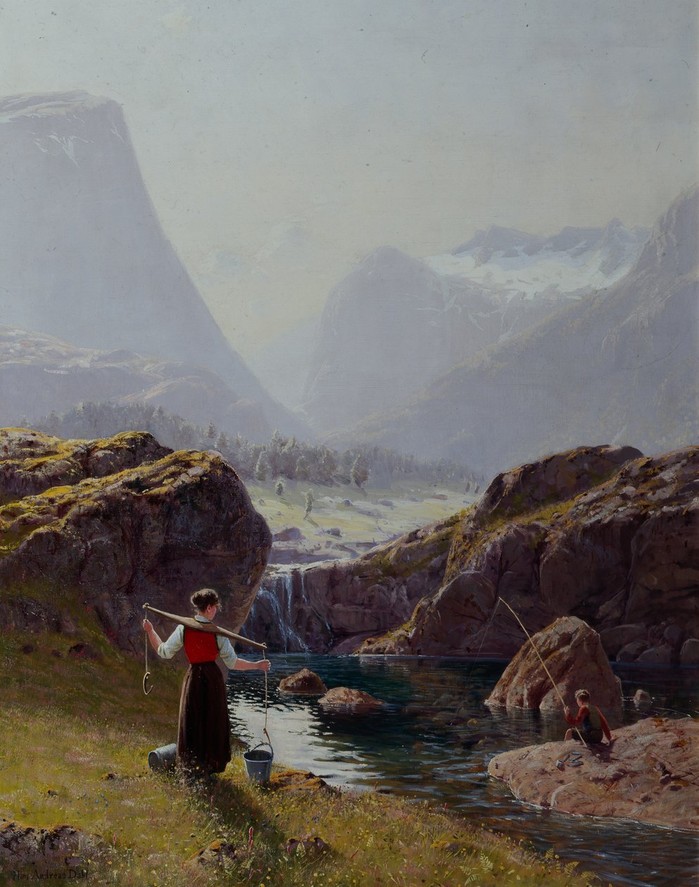 Jente med bøtter med vann og guttefiske (olje på lerret) av Hans Andreas Dahl