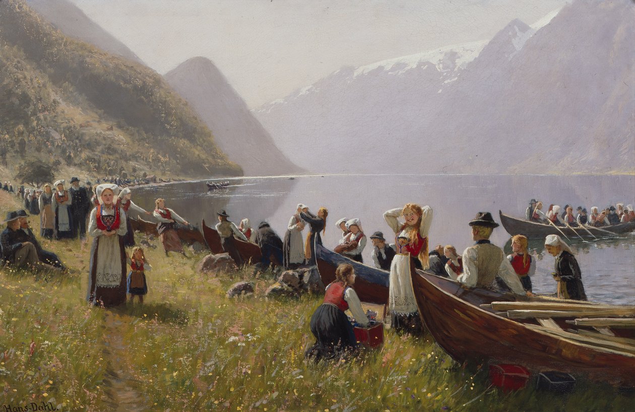 Gå til kirken i Hardanger (olje på lerret) av Hans Andreas Dahl