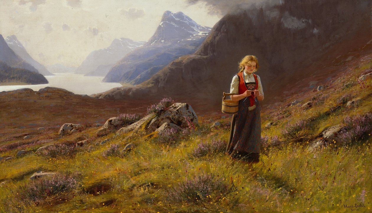 Knitting Dairymaid (olje på lerret) av Hans Andreas Dahl