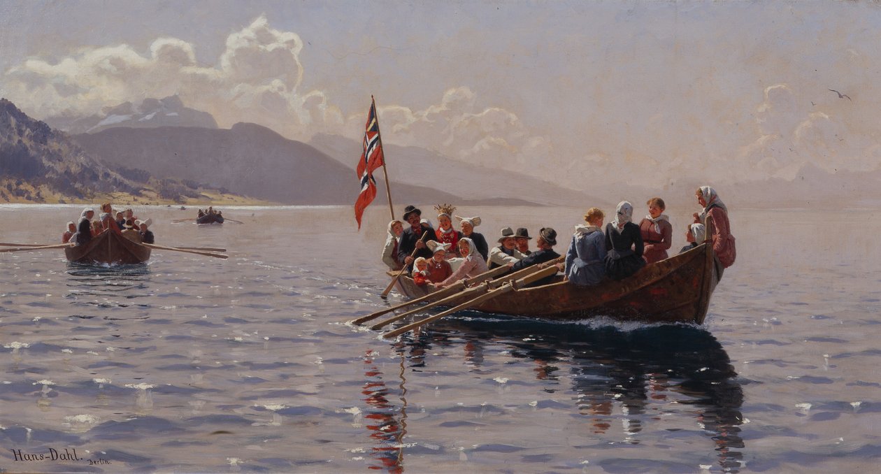 Bryllupsprosesjon i Sognefjord (olje på lerret) av Hans Andreas Dahl