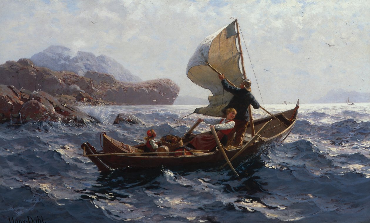 Kvinne, mann og barn i en Oselver (olje på lerret) av Hans Andreas Dahl
