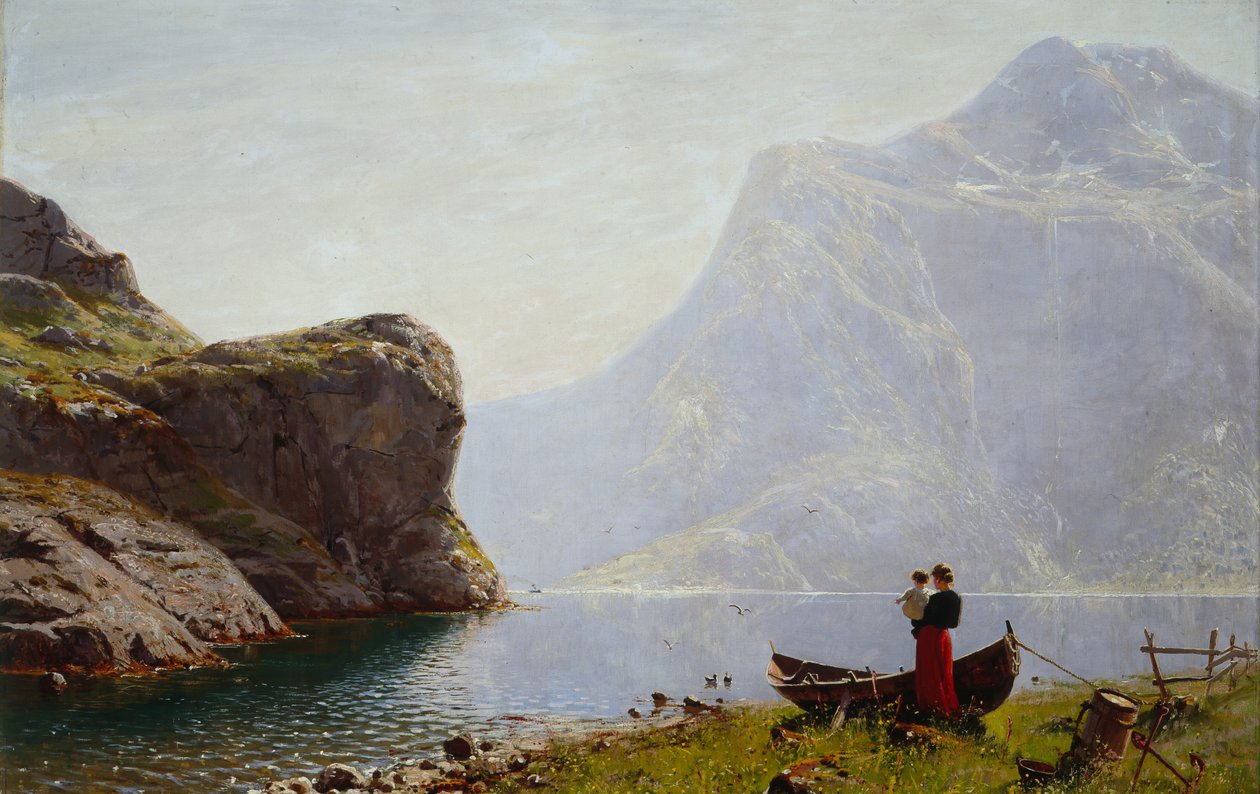 Kvinne og barn ved Fjordbanken (olje på lerret) av Hans Andreas Dahl