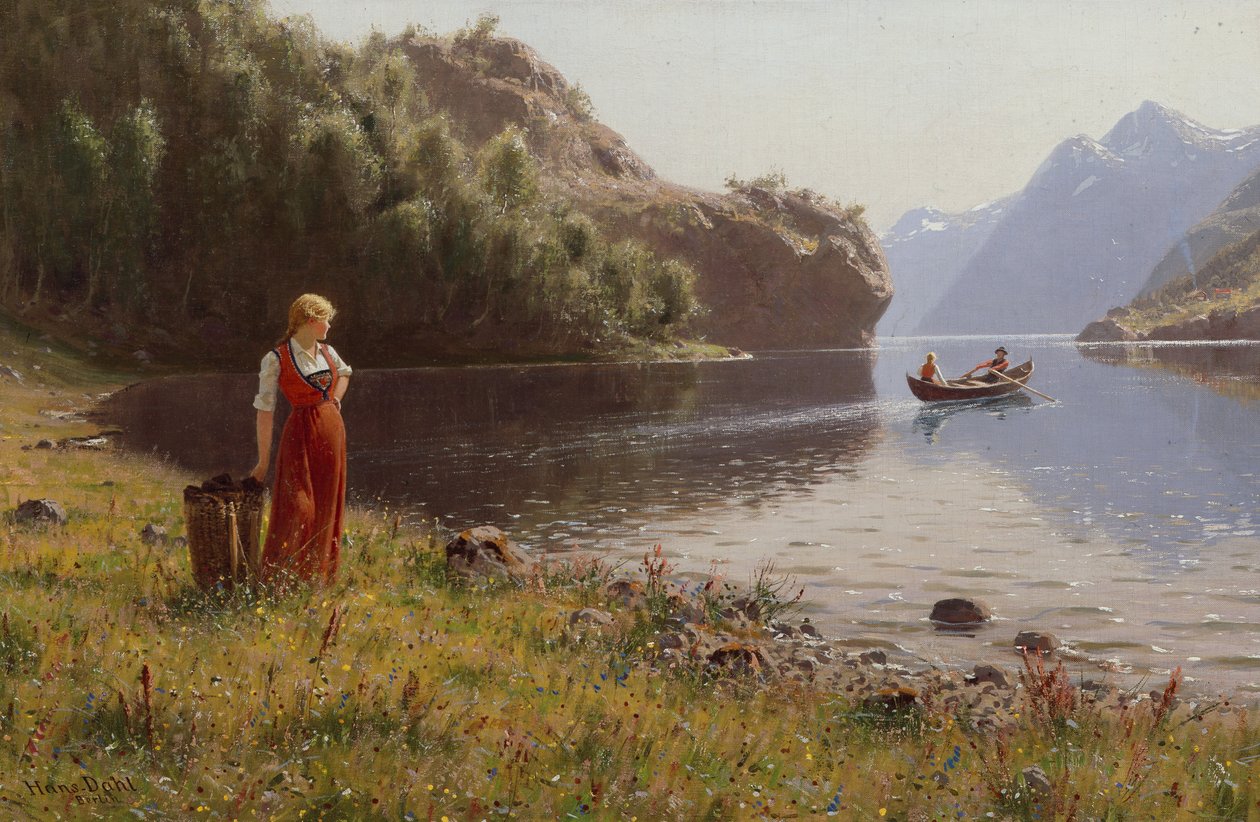 Kvinne i fjordlandskap (olje på lerret) av Hans Andreas Dahl