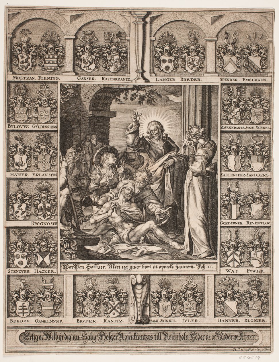 Oppreisningen av Lasarus. Omgitt av Holger Rosenkrantz sine skjold av Hans Andreas Greys