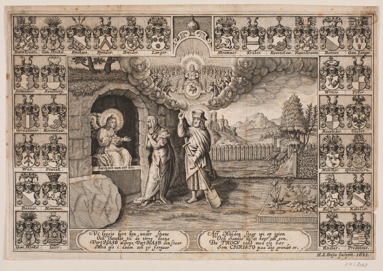 Tittelside til gravprekenen til Ida Langs med skildring av Kristus som gartner og Maria Magdalena av Hans Andreas Greys