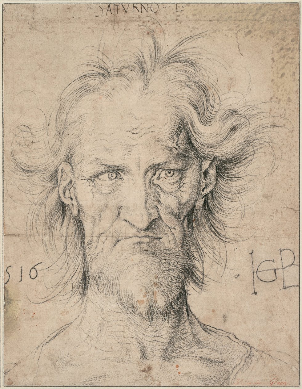 Hodet til en skjegget gammel mann Saturn, 1516 av Hans Baldung