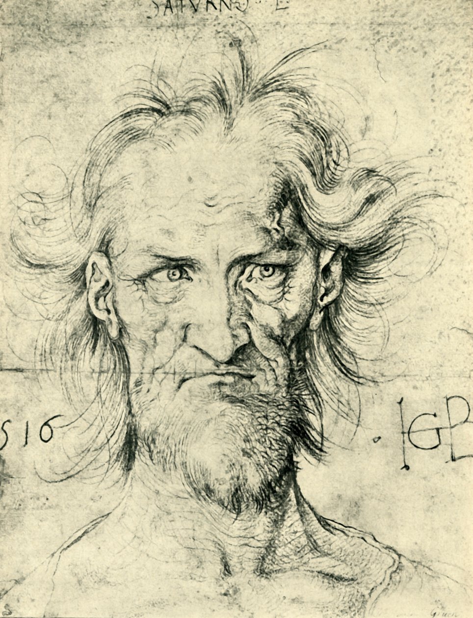 Leder av en skjegget gammel mann Saturn, 1516, 1943. av Hans Baldung