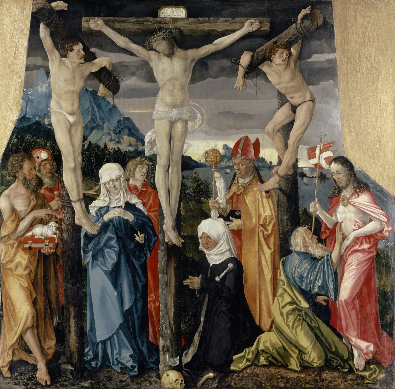 Kristus korsfestet med tyvene, de hellige og en kvinnelig giver, 1512 av Hans Baldung Grien