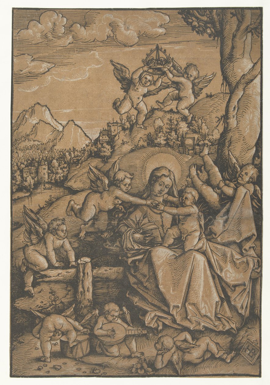 Mary med barn med åtte engler i et landskap av Hans Baldung Grien
