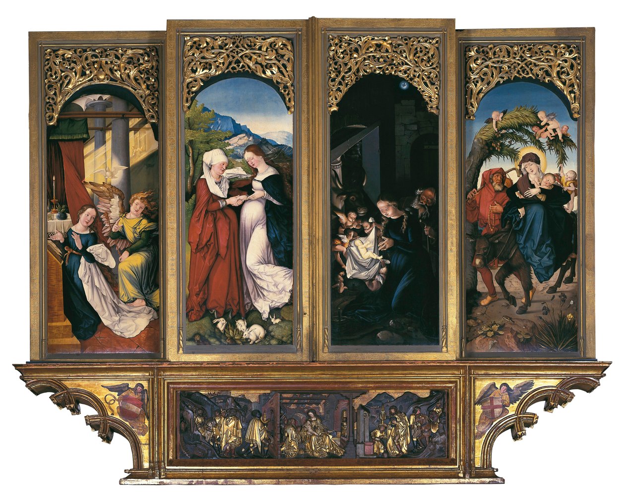 Scener fra Jomfruens liv: Bebudelsen, besøket, fødselen og flukten til Egypt. Maleri på tre av Hans Baldung dit Grien (1485-1544) Alter i katedralen til Vår Frue av Freiburg Freiburg im Breisgau, Tyskland (maleri på w av Hans Baldung Grien