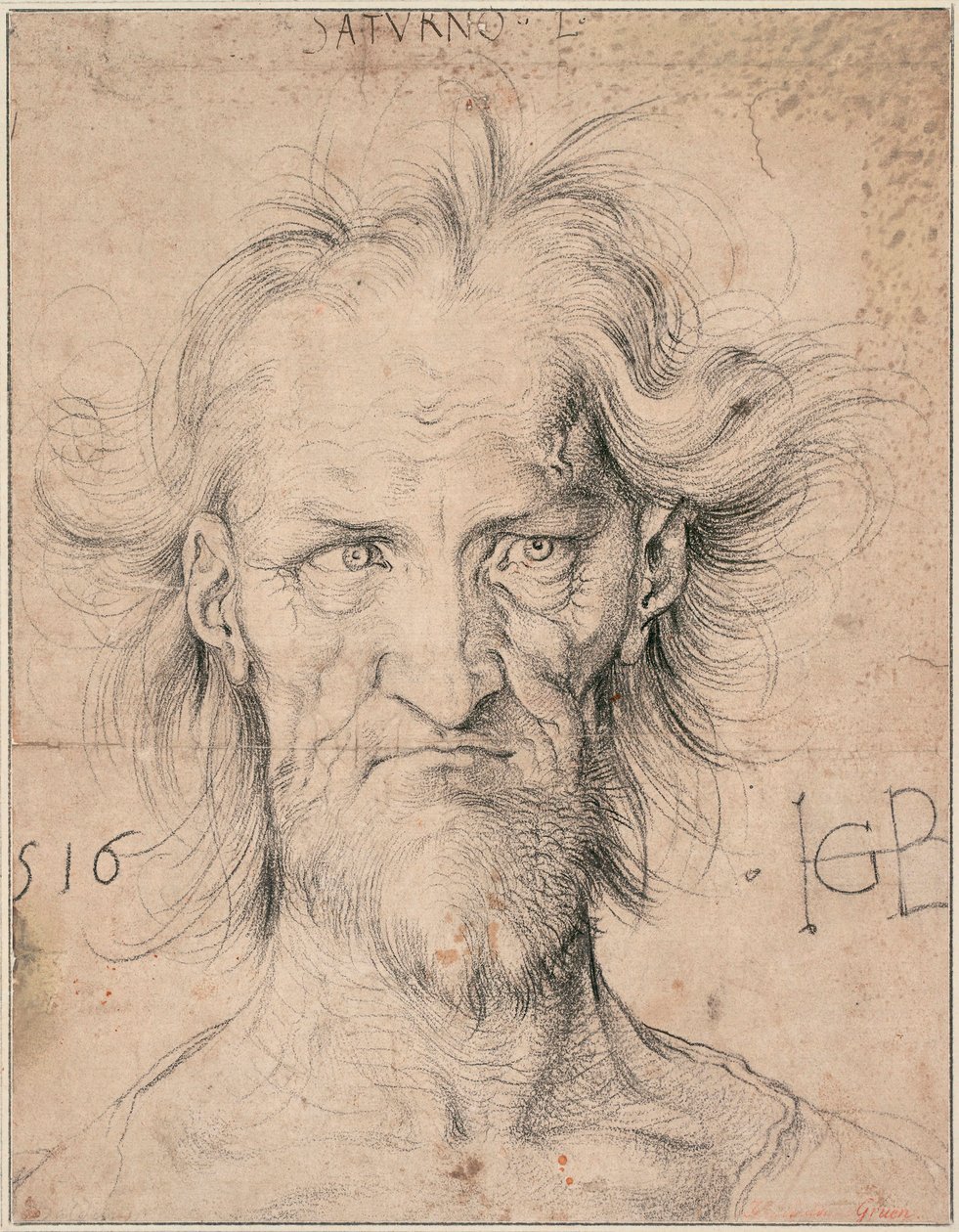 Head of a Bearded Old Man, Saturn (Head of a Bearded Old Man ""Saturn"") - Tegning av Hans Baldung (1484-1545), svart kritt på papir av Hans Baldung Grien
