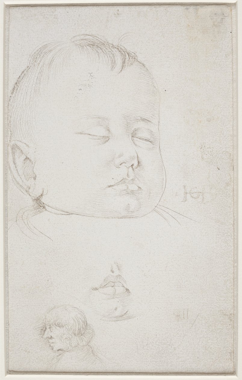 Hodet til en liten gutt i trekvart profil, guttens halvåpne munn og av Hans Baldung Grien