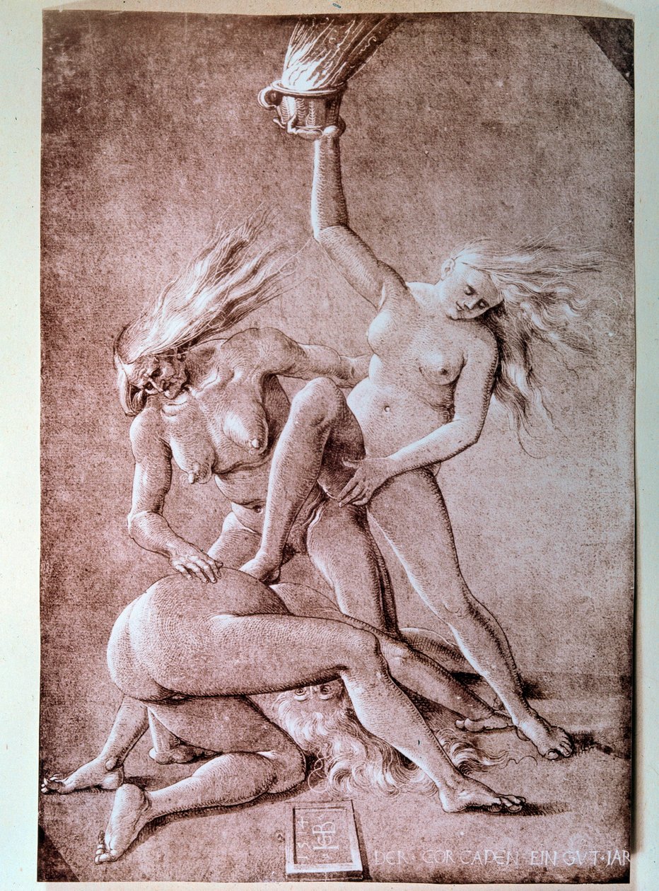 Tre hekser Tegning av Hans Baldung dit Grien (1484-1545) av Hans Baldung Grien