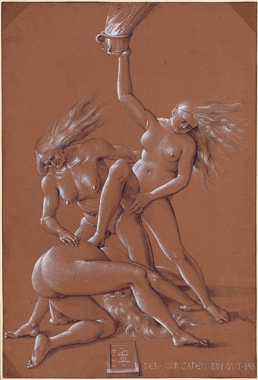 Nyttårshilsen med tre hekser - Kunstverk av Hans Baldung (1484-1545) blekk og hvitt kritt på papir av Hans Baldung Grien