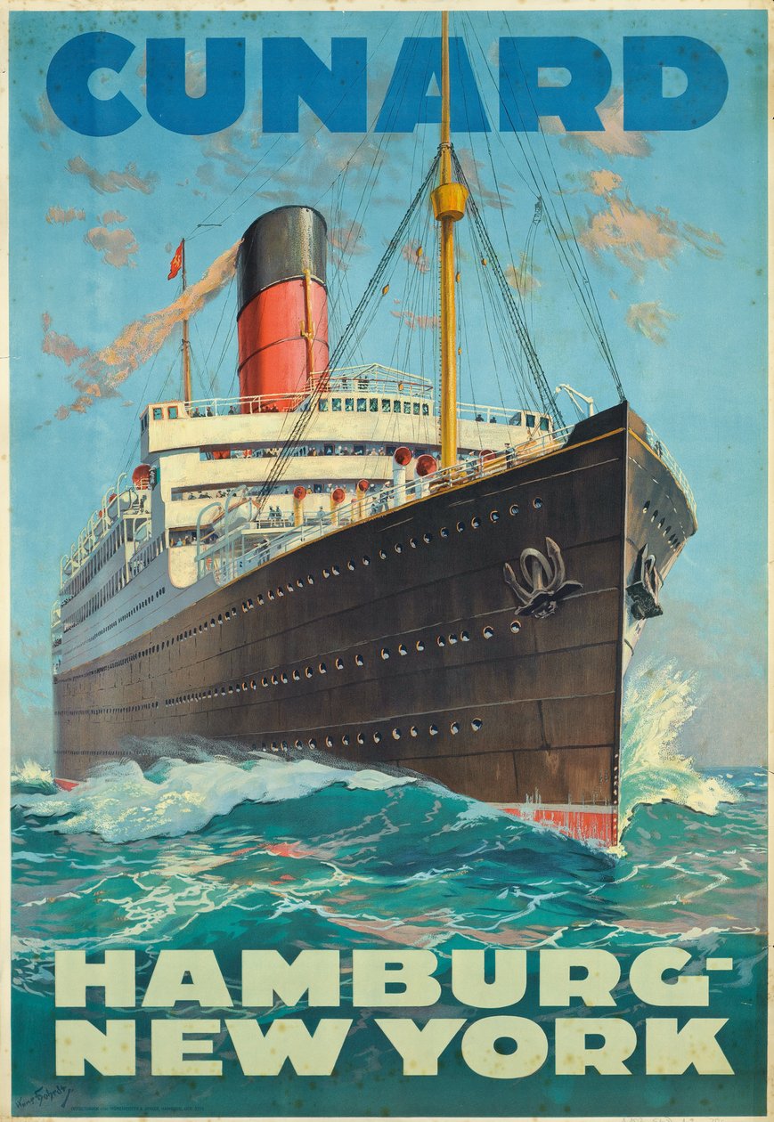 Plakatreklamereise mellom Hamburg og New York med rederiet Cunard (fargelitografi) av Hans Bohrdt