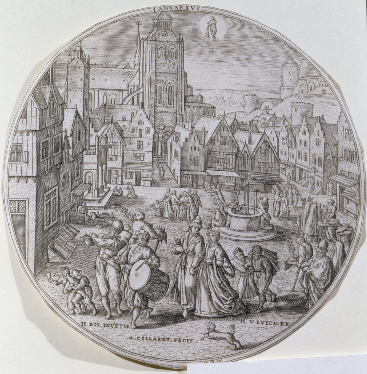 januar, viser borgere som feirer tolvte natt på torget i Bergen, fra et sett med tolv 'Årets måneder', gravert av Adriaen Collaert (1560-1618) av Hans Bol