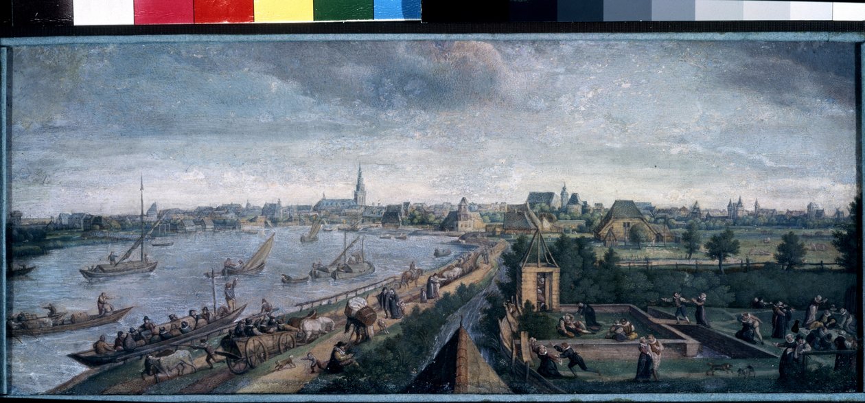 ""Landsfornøyelser"" (Landlige fornøyelser) Gleden på landsbygda, scene med turer på elven, countryball, piknik og utendørsleker. Gouache-maleri av Hans Bol (1534-1593) 1592 Pushkin-museet, Moskva av Hans Bol