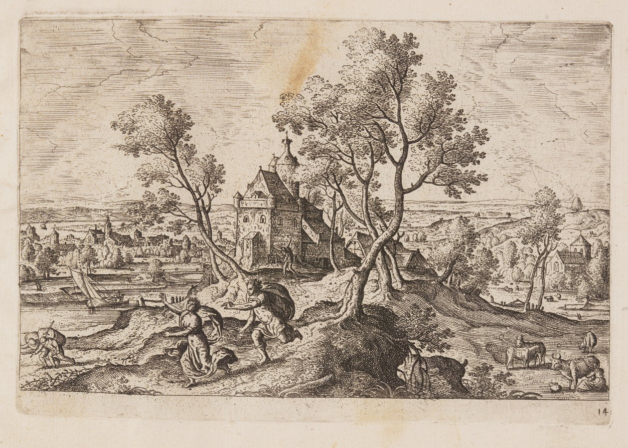 Tavle 14, fra Landskap med scener fra Det gamle og Det nye testamentet og Ovids metamorfoser av Hans Bol