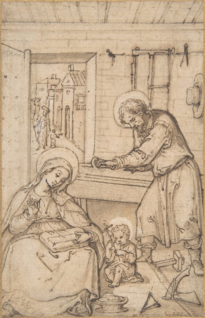 Kristi barndom, i snekkerforretningen, 1534-93. av Hans Bol.