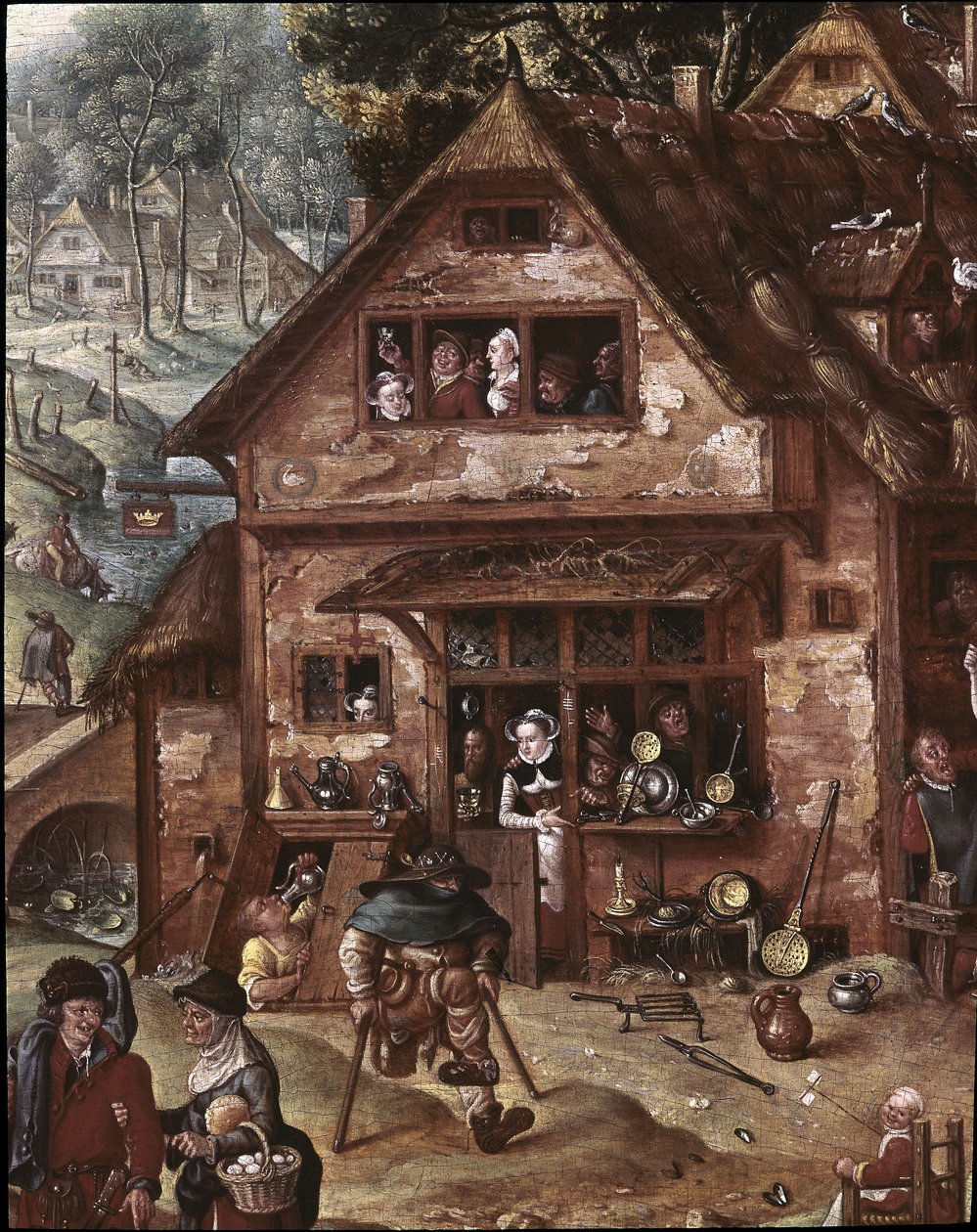 Utsikt over landsbyen med burleske scener. Detalj av tavernaen av Hans Bol