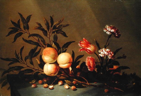 Stilleben med fersken og blomster, 1641 av Hans Bollongier
