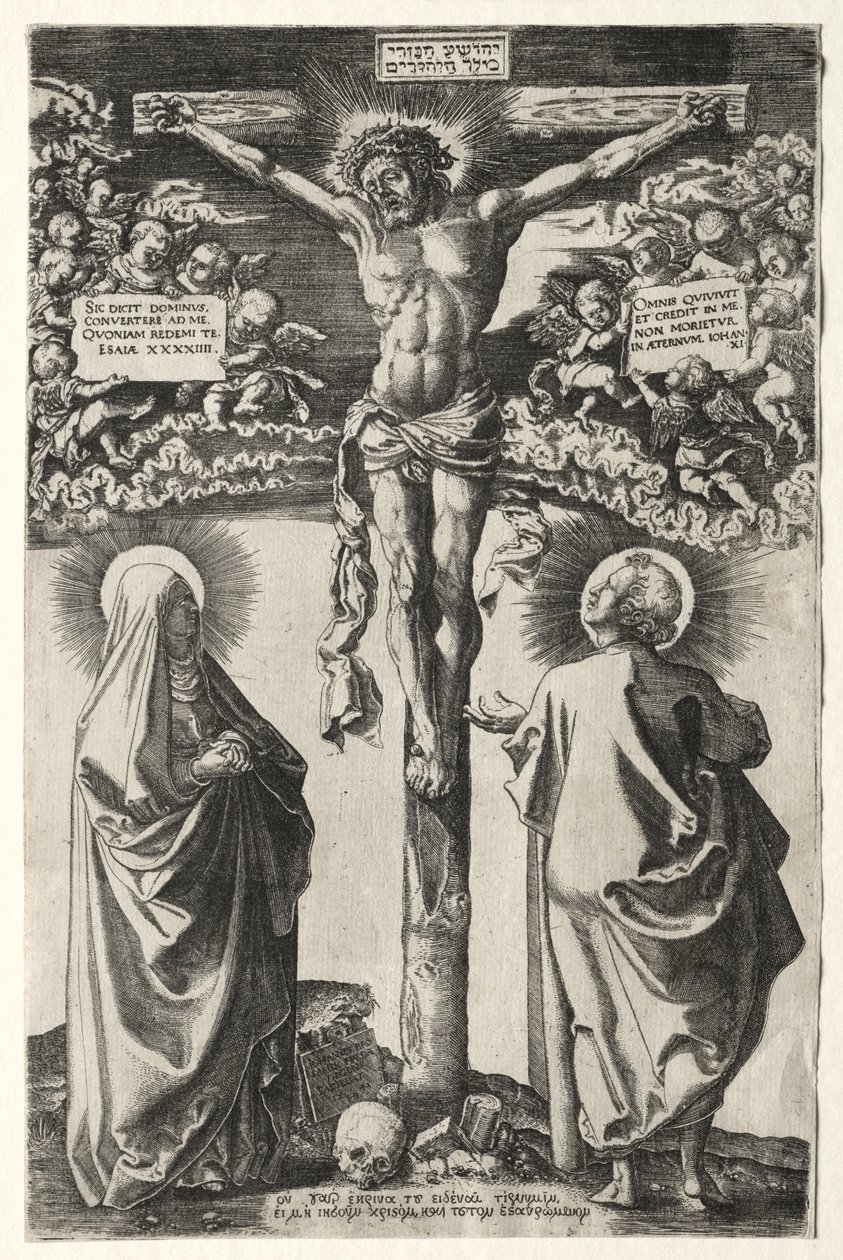 Kristus på korset mellom jomfruen og St. Johannes av Hans Brosamer