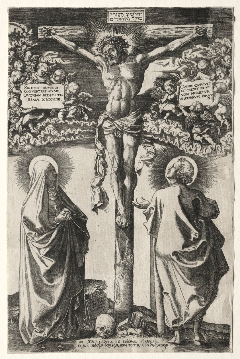 Kristus på korset mellom jomfruen og St. Johannes, 1542. av Hans Brosamer